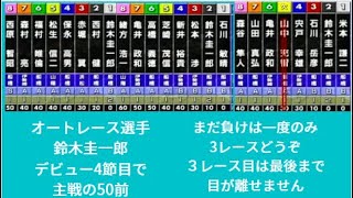 ３レース目は注目。デビューからまだ4節目の新人選手の頃のオートレース選手の鈴木圭一郎選手。いまだに負けは一度だけ。３レース分です。
